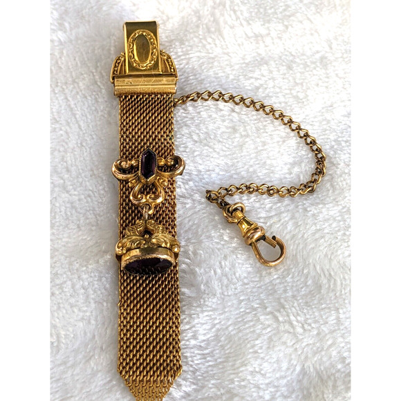 Antique Gold Fill Vest Pocket Clip Watch Chain Mesh Charm Victorian w/ Amethysts - Picture 1 of 12
